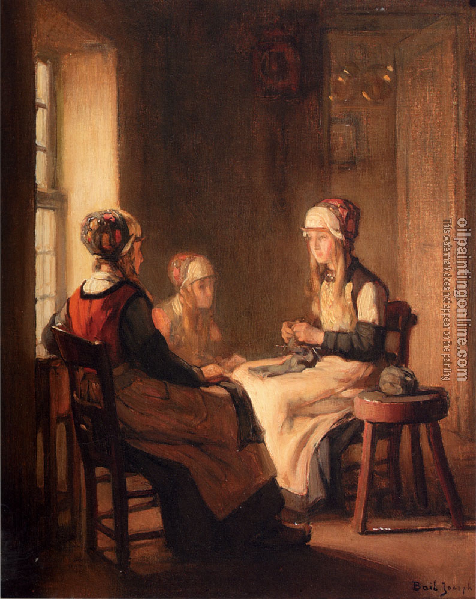 Claude Joseph Bail - A Interior With Marken Girls Knitting